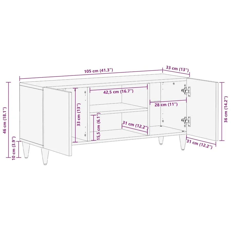 Meuble TV Marron miel 105 x 33 x 46 cm Bois de mangue massif - 11