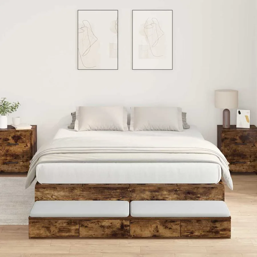 Cadre de lit avec rangement Chêne fumé 135 cm Bois d'ingénierie