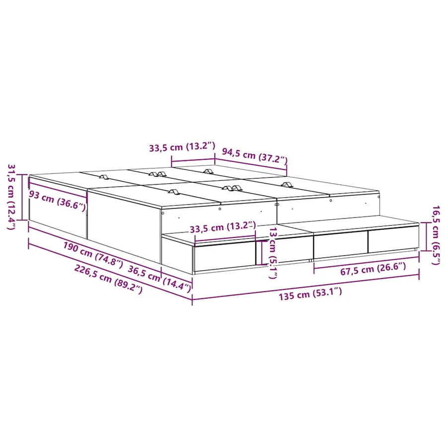 Cadre de lit avec rangement Chêne fumé 135 cm Bois d'ingénierie - 15