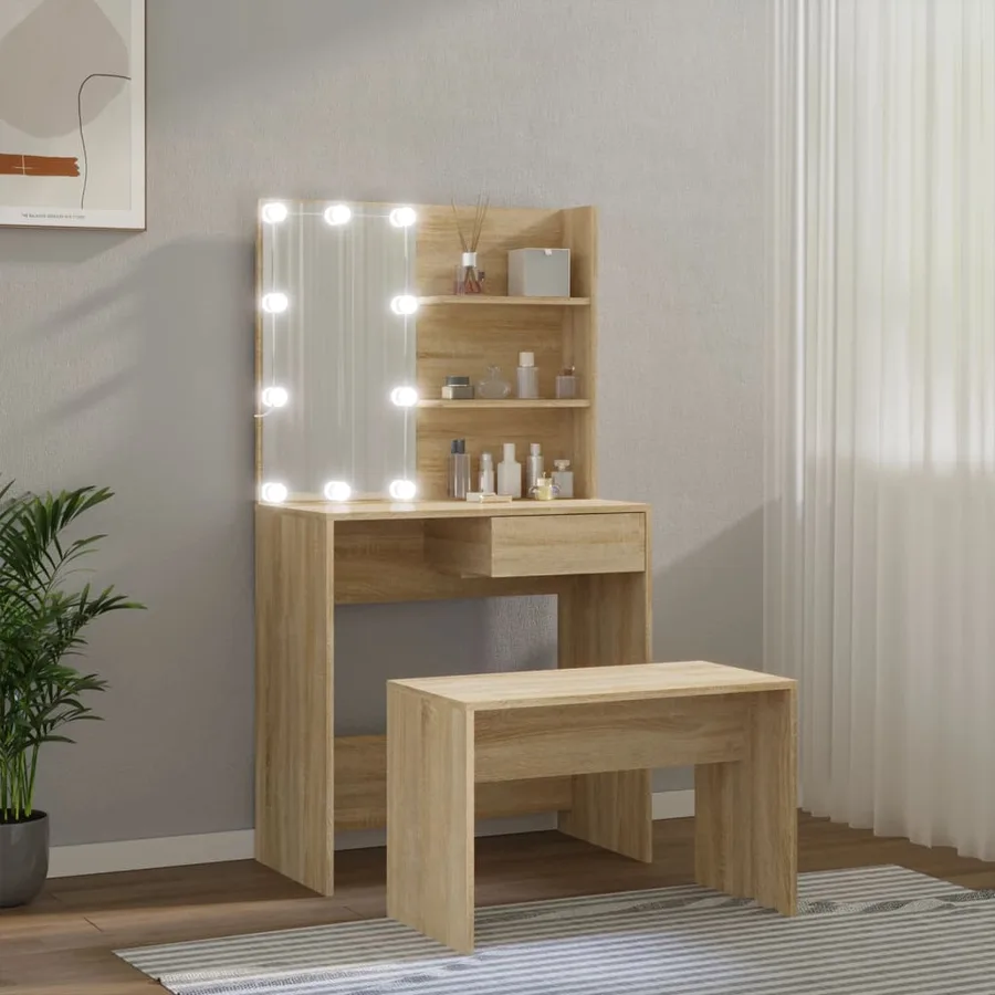Ensemble de coiffeuse avec LED Chêne Sonoma Bois d'ingénierie - 4