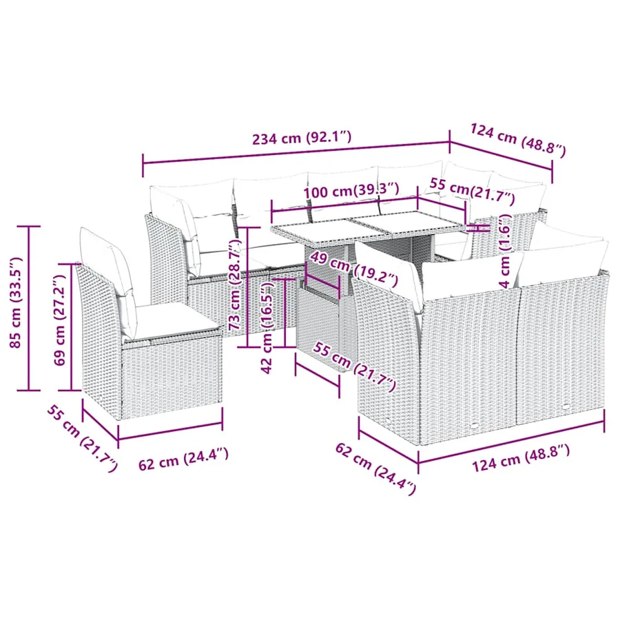 Salon de jardin avec coussins 9pcs marron résine tressée acacia - 11