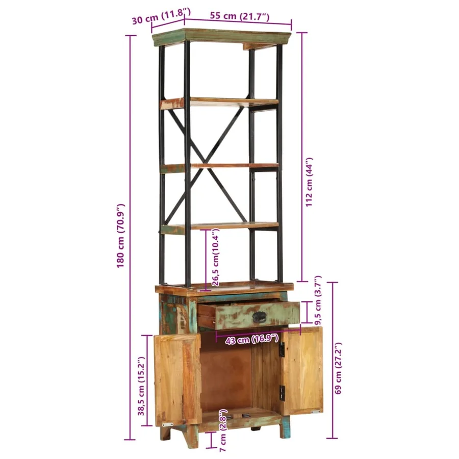 Buffet 55x30x180 cm bois de récupération massif - 10