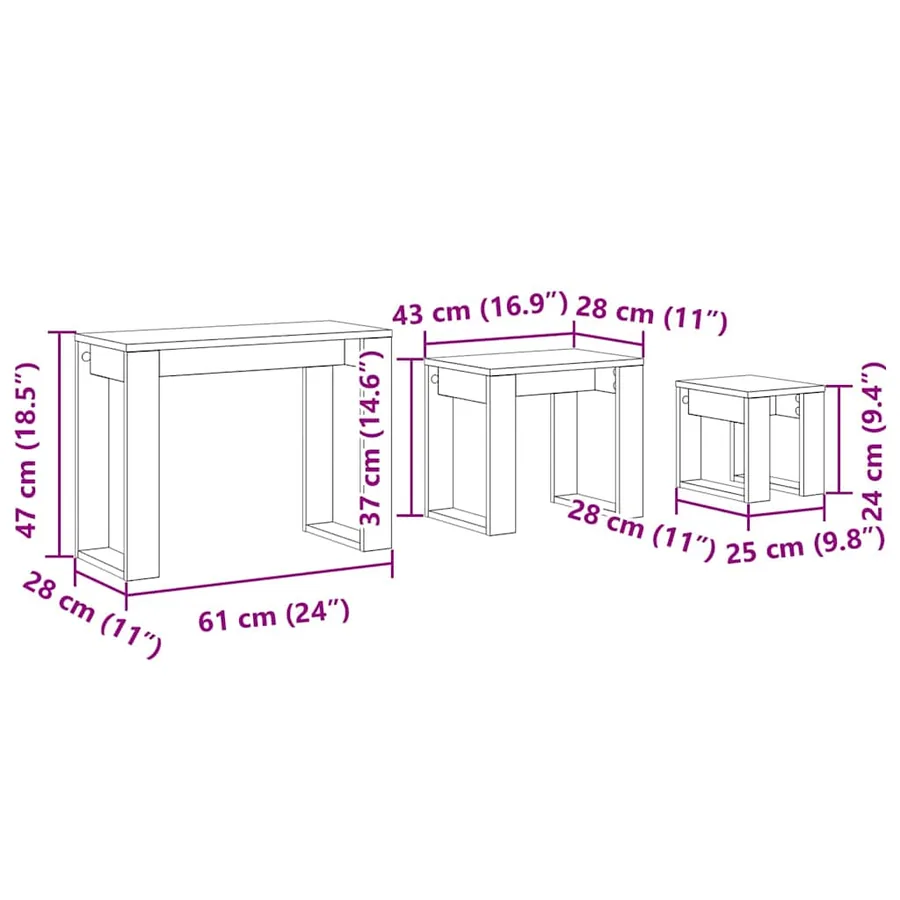 Tables gigognes 3 pcs Chêne noir Bois d'ingénierie - 12