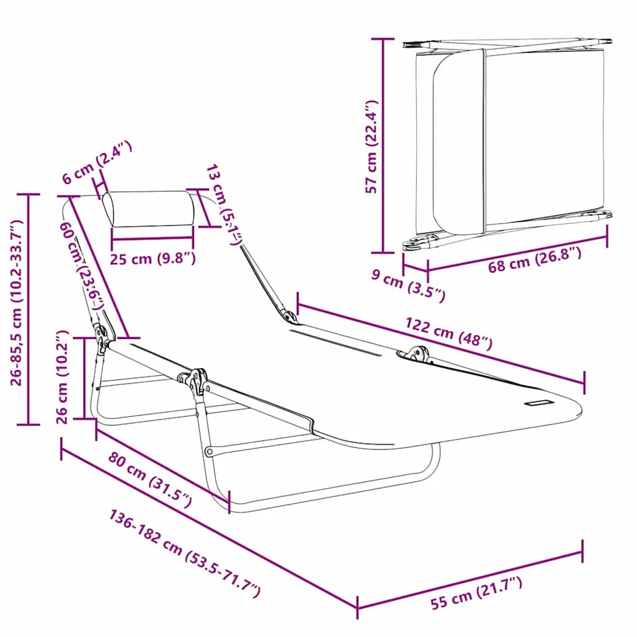 Chaise longue pliante Noir 182 x 55 x 85,5 cm Textilène - 45