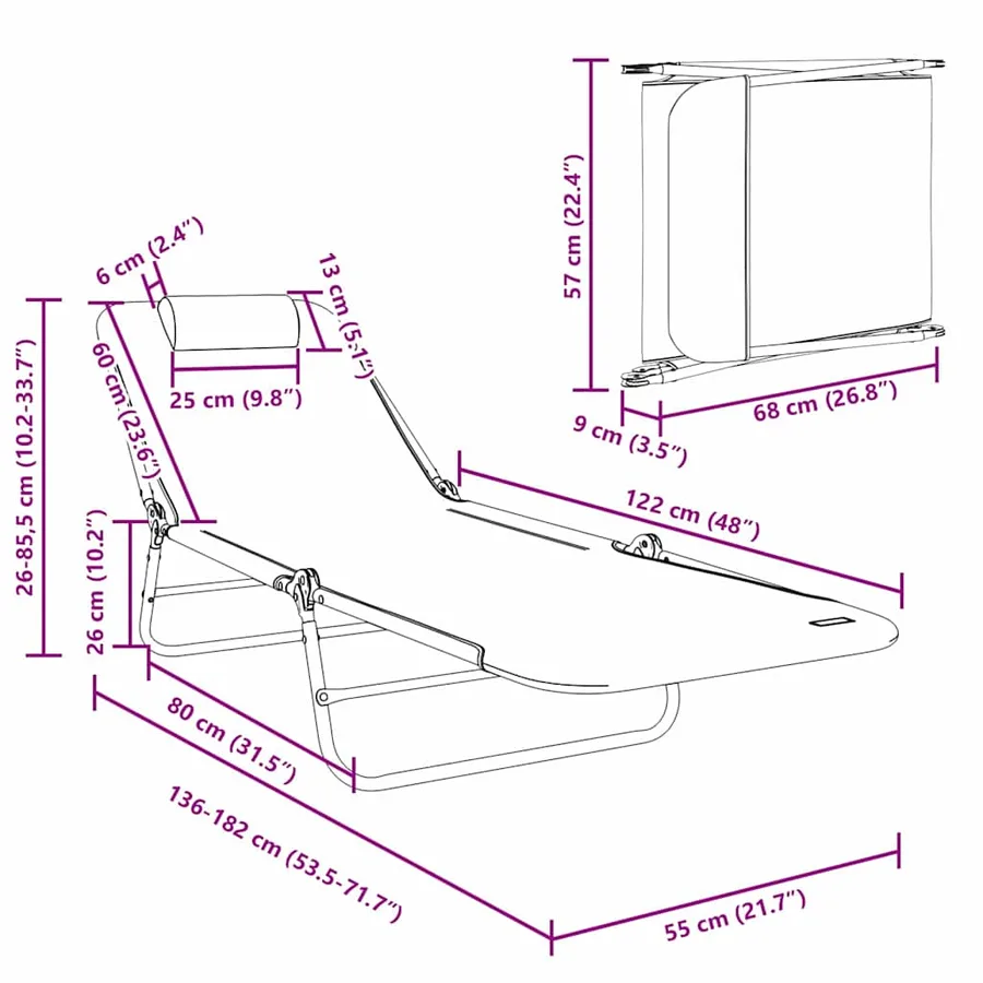 Chaise longue pliante Noir 182 x 55 x 85,5 cm Textilène - 56