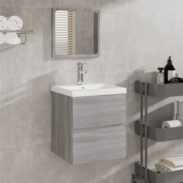 Armoire lavabo de salle de bain et bassin et miroir sonoma gris
