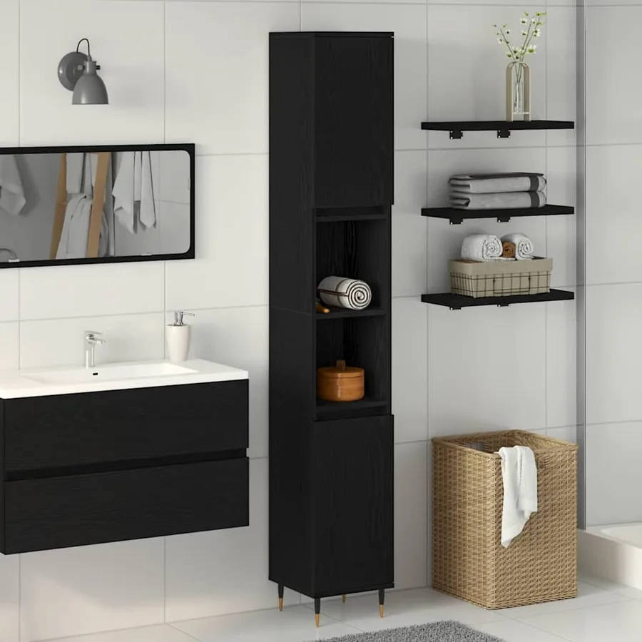 Cabinet de salle de bain avec porte Chêne noir 30 x 30 x 190 cm