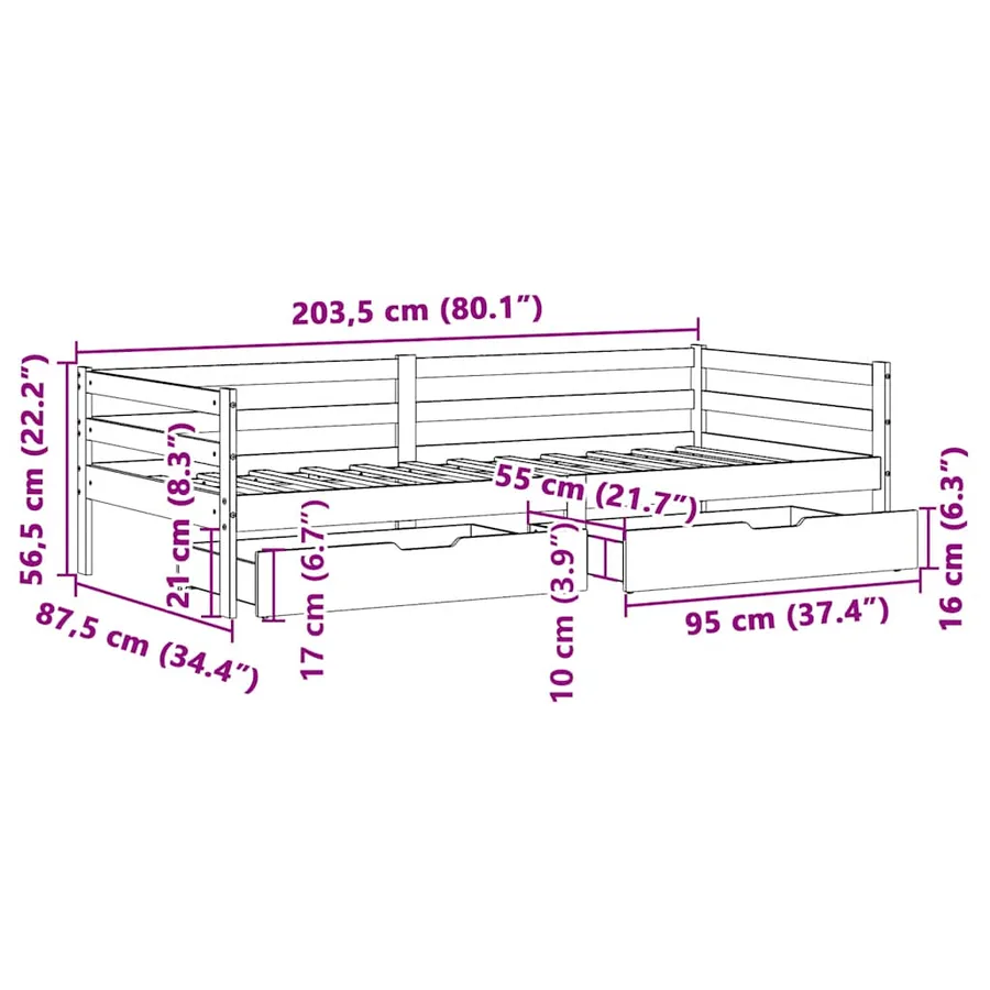 Lit de jour avec tiroirs sans matelas 80x200 cm bois massif - 12