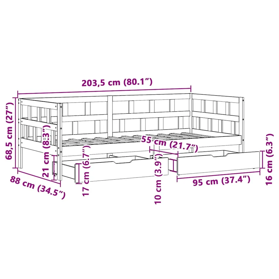 Lit de jour avec tiroirs sans matelas 80x200 cm bois massif - 12