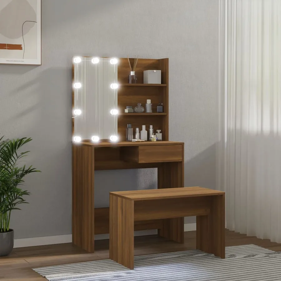 Ensemble de coiffeuse avec LED Chêne marron Bois d'ingénierie - 4
