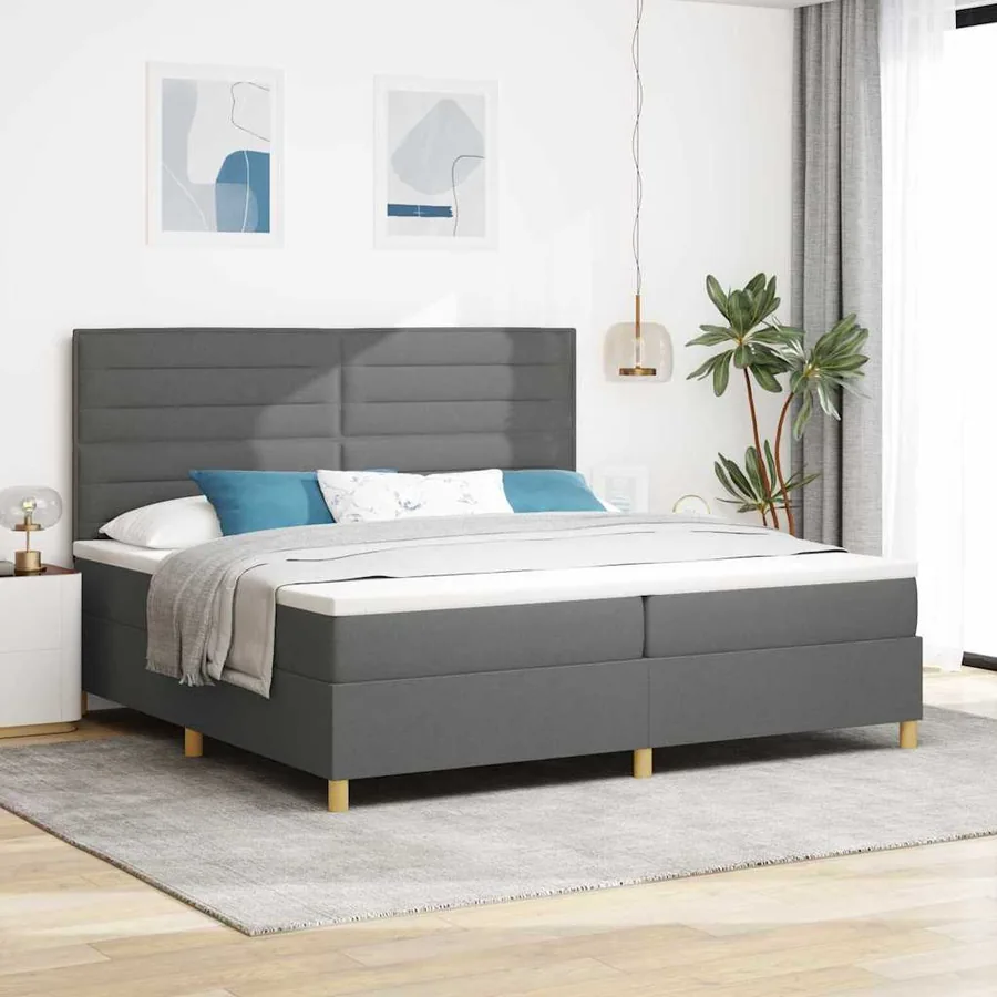 Lit à ressort LED avec matelas Gris foncé 200 x 200 cm tissu
