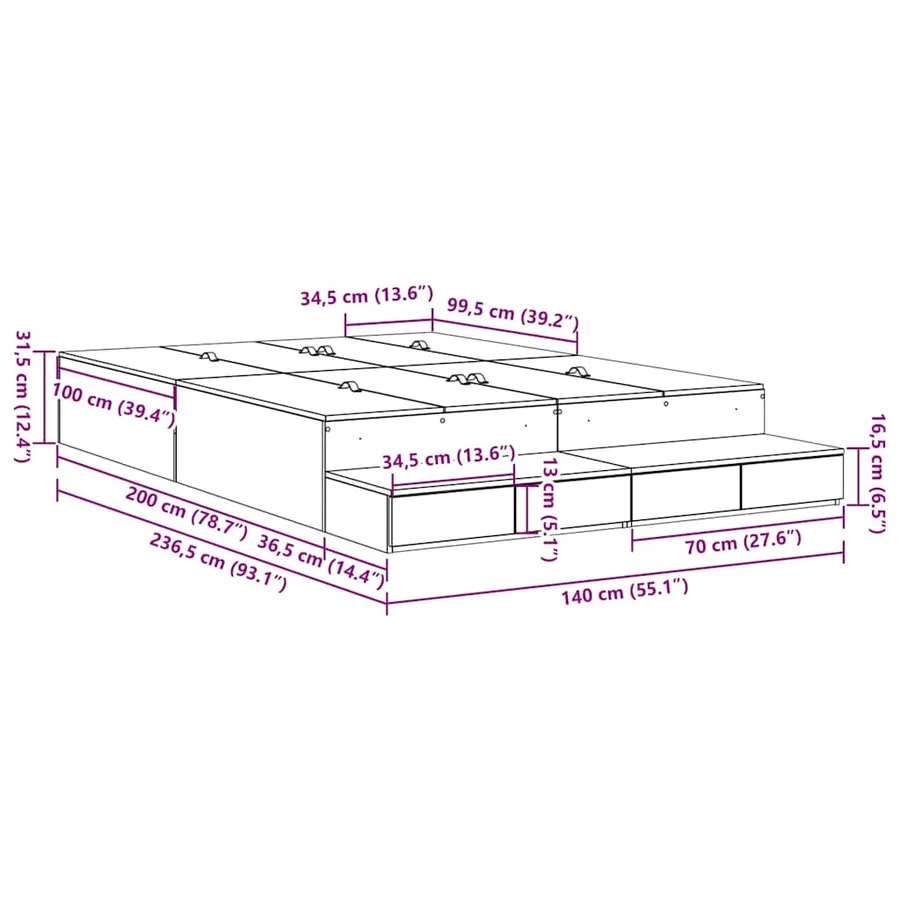 Cadre de lit avec rangement avec tiroir Gris Sonoma 140 cm - 11