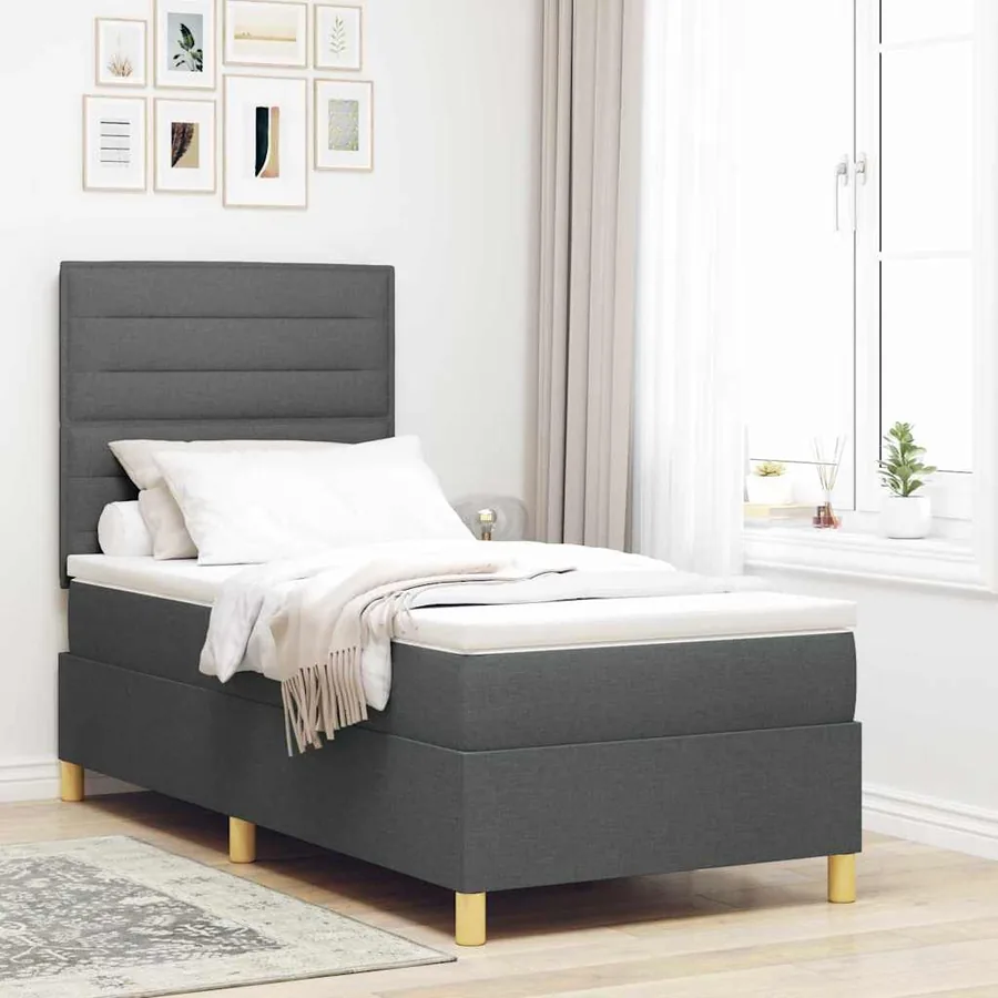 Lit à ressorts avec matelas Gris foncé 100 x 200 cm tissu