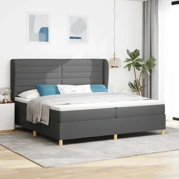 Lit à ressorts avec matelas Gris foncé 200 x 200 cm tissu