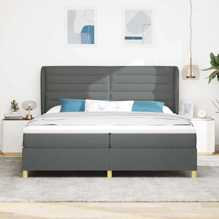 Lit à ressorts avec matelas Gris foncé 200 x 200 cm tissu - 3
