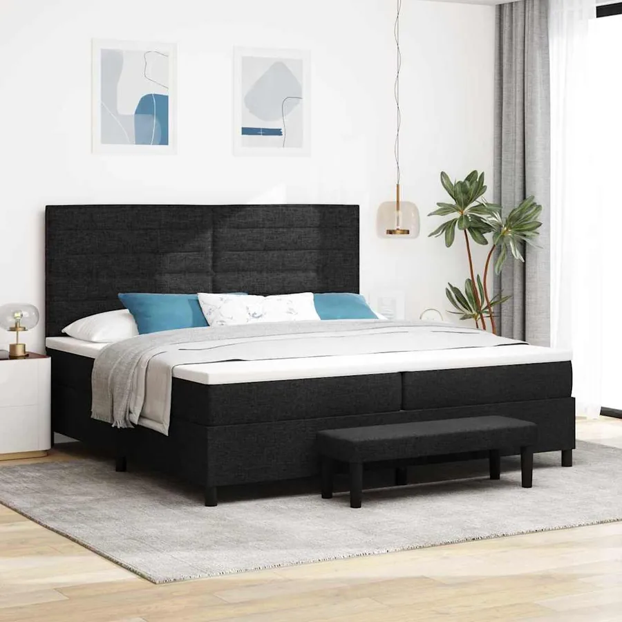 Lit à ressorts avec matelas Noir 200 x 200 cm tissu