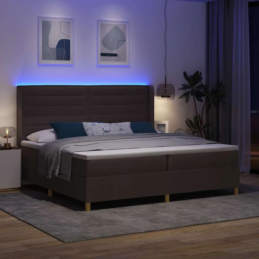 Lit à ressorts avec matelas avec LED Marron 200 x 200 cm tissu - 5
