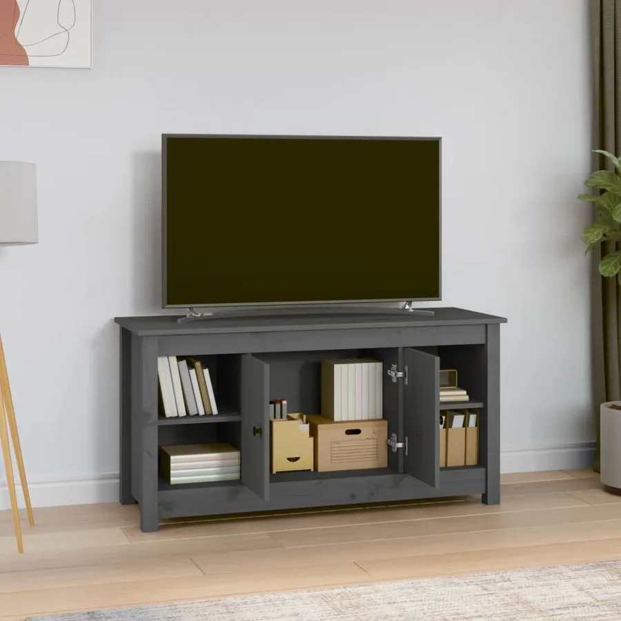 Meuble TV Gris 103x36,5x52 cm Bois de pin massif - 6