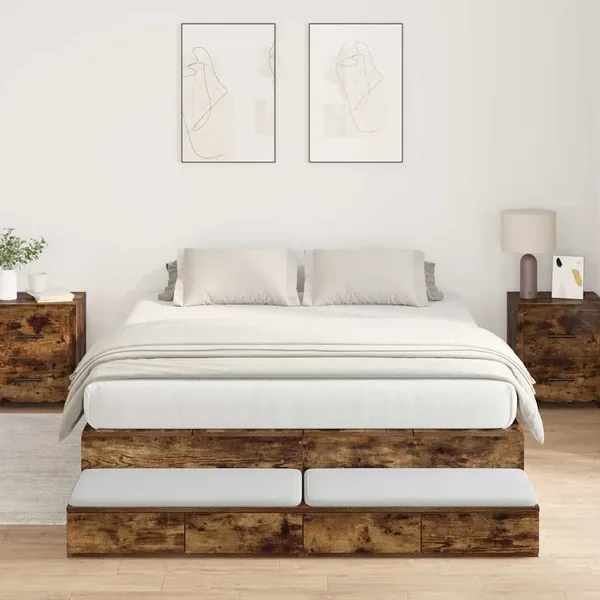 Cadre de lit avec rangement Chêne fumé 150 cm Bois d'ingénierie