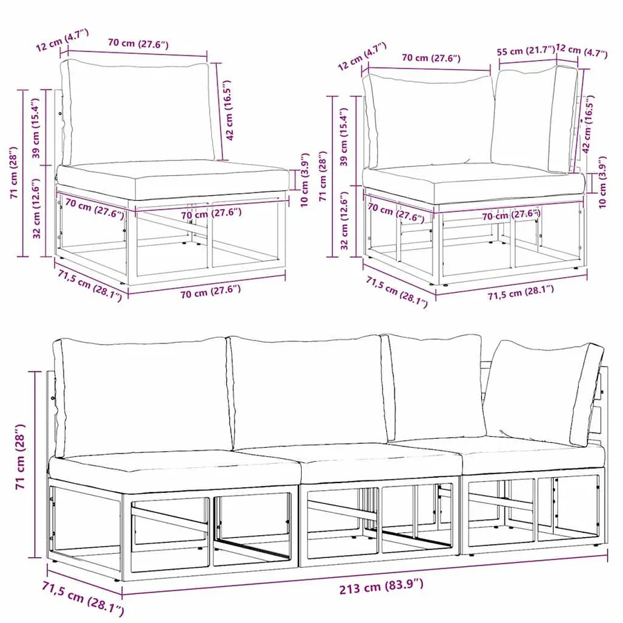 Mobilier de jardin 3 Pièce Noir et anthracite Métal - 13