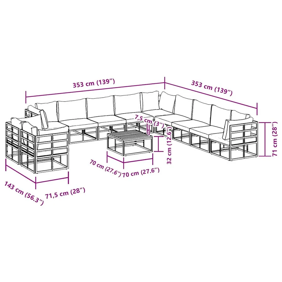 Ensemble de canapé de jardin avec coussin 12 pcs Noir Aluminium - 14