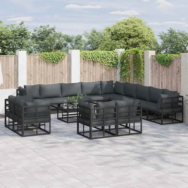 Ensemble de canapé de jardin avec coussin 14 pcs Noir Aluminium