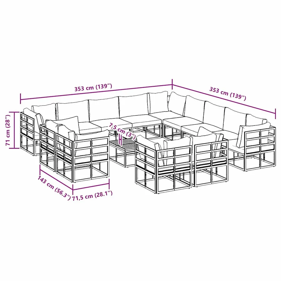 Ensemble de canapé de jardin avec coussin 14 pcs Noir Aluminium - 12