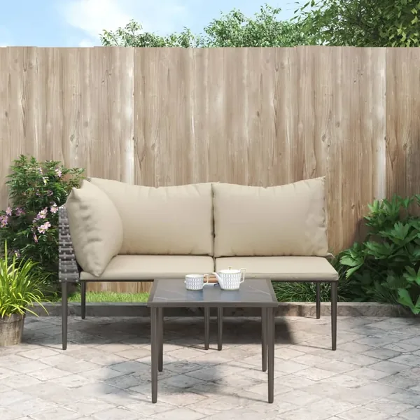 Salon de jardin 3 pcs avec coussins Gris Résine tressée