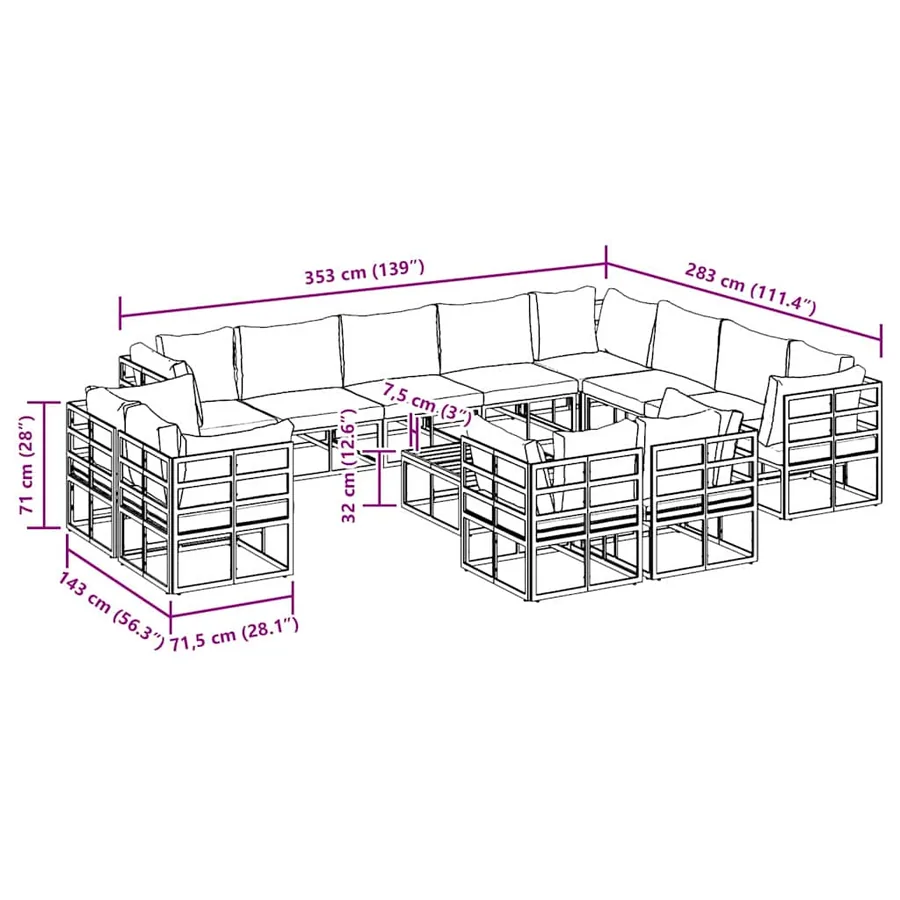 Ensemble de canapé de jardin avec coussin 13 pcs Noir Aluminium - 12