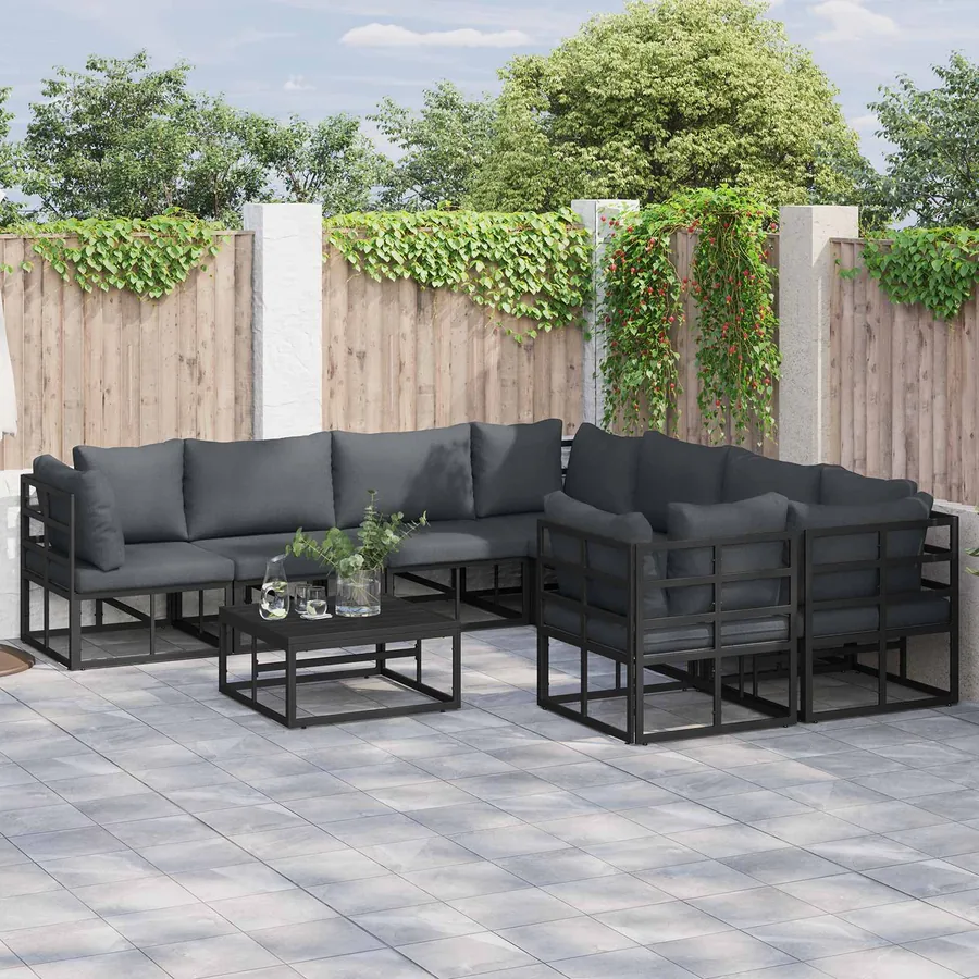 Ensemble de canapé de jardin avec coussin 9 pcs Noir Acier