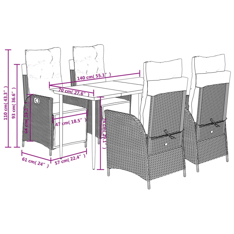 Ensemble à manger de jardin et coussins 5 pcs gris clair rotin - 9