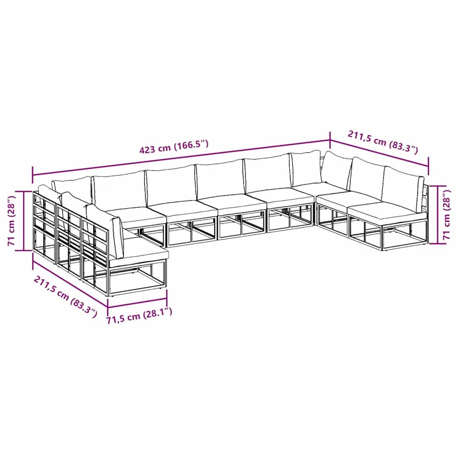 Ensemble de canapé de jardin avec coussin 10 pcs Noir Aluminium - 11