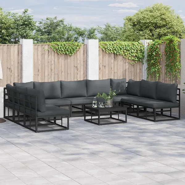 Ensemble de canapé de jardin avec coussin 9 pcs Noir Aluminium