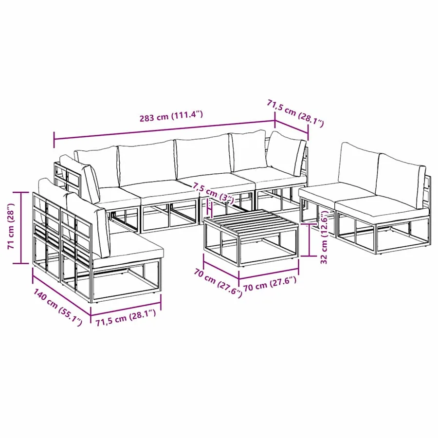 Ensemble de canapé de jardin avec coussin 9 pcs Noir Aluminium - 12