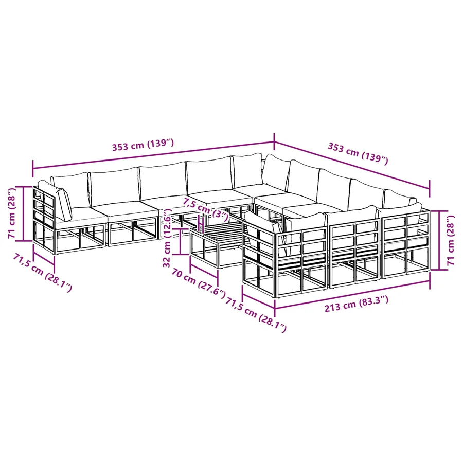 Ensemble de canapé de jardin avec coussin 12 pcs Noir Aluminium - 14