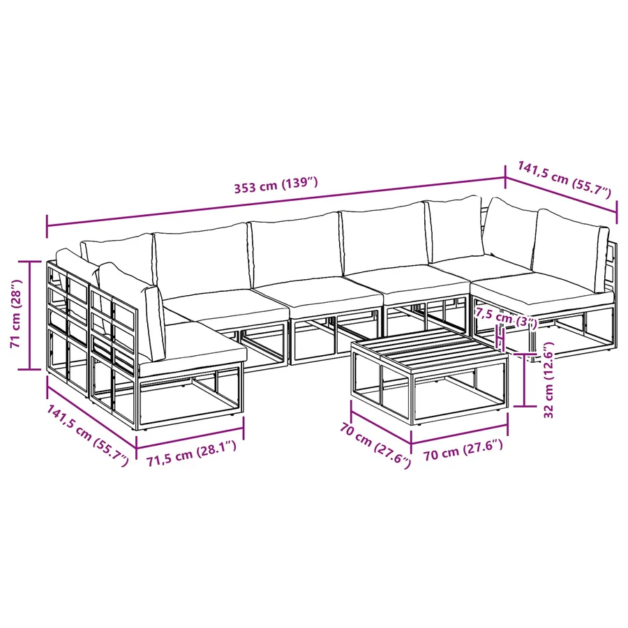 Ensemble de canapé de jardin avec coussin 8 pcs Noir Aluminium - 14