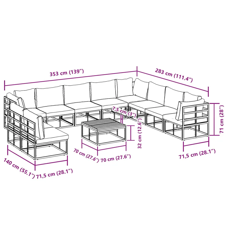Ensemble de canapé de jardin avec coussin 11 pcs Noir Aluminium - 14