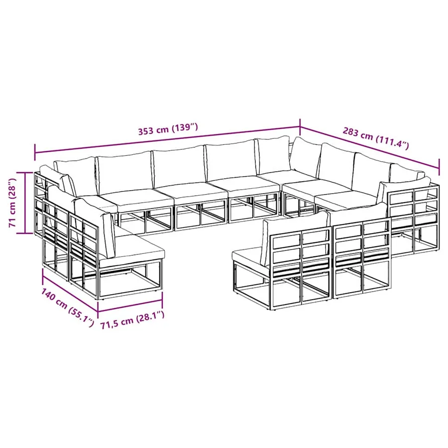 Ensemble de canapé de jardin avec coussin 12 pcs Noir Aluminium - 11