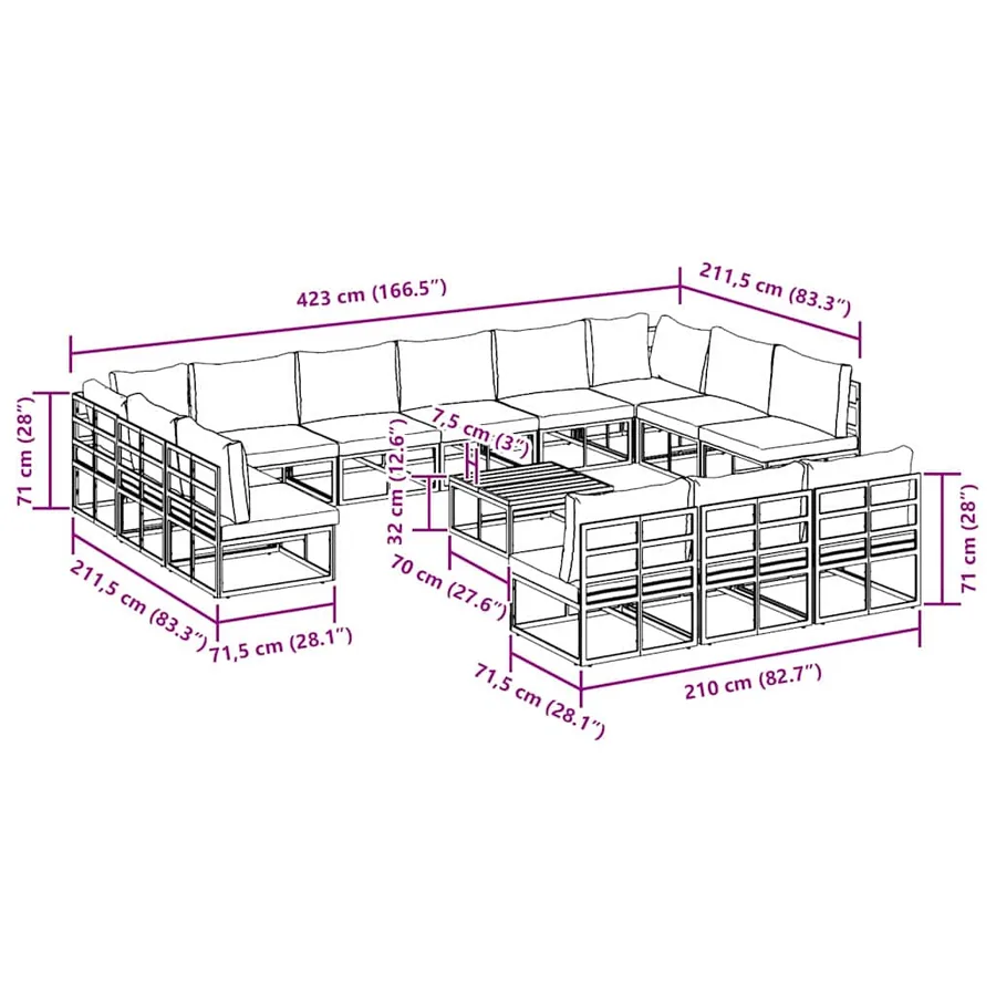 Ensemble de canapé de jardin avec coussin 14 pcs Noir Aluminium - 14