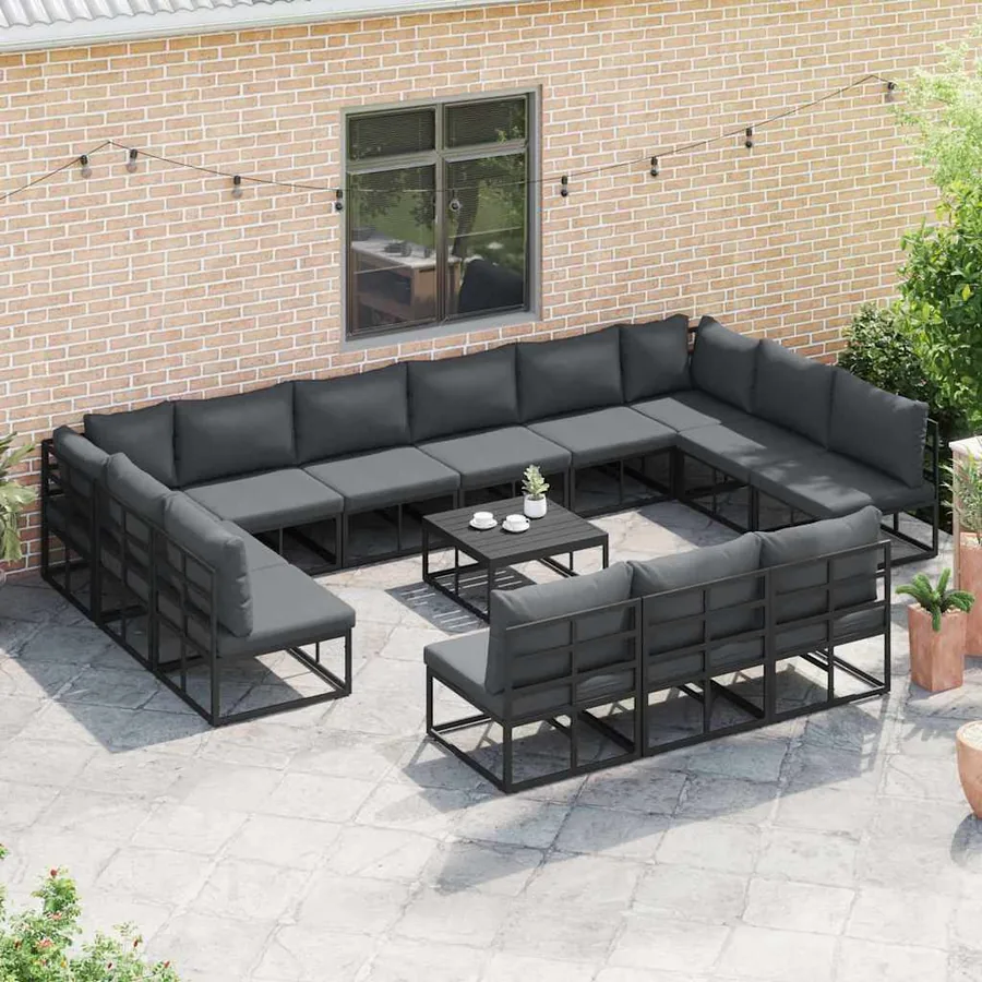 Ensemble de canapé de jardin avec coussin 14 pcs Noir Aluminium - 3