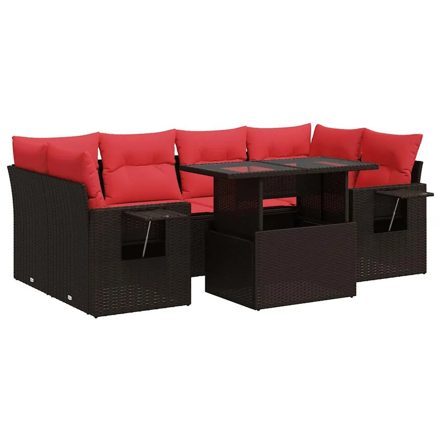 Salon de jardin avec coussins 7 pcs marron résine tressée acacia - 2