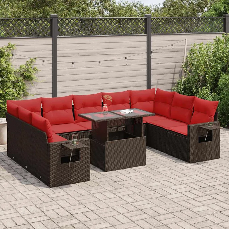 Salon de jardin 10 pcs et coussins marron résine tressée acacia