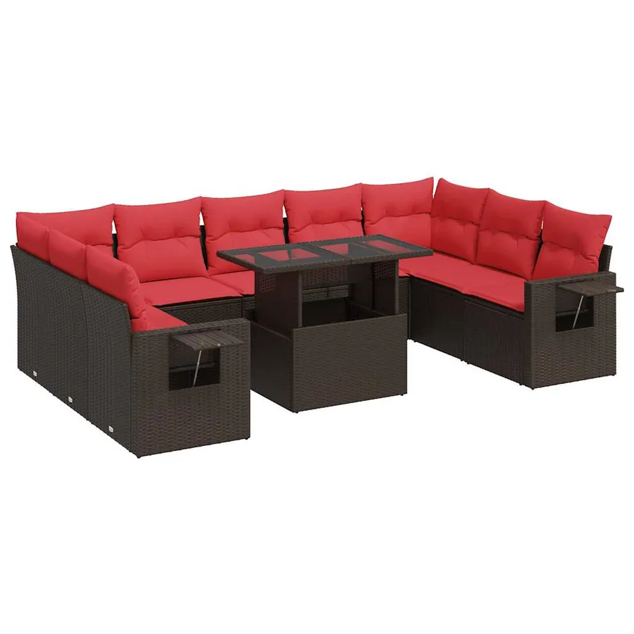 Salon de jardin 10 pcs et coussins marron résine tressée acacia - 2