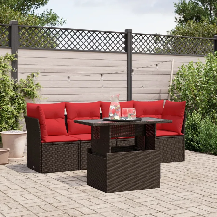 Ensemble de canapé de jardin 5 pcs avec coussins marron résine tressée