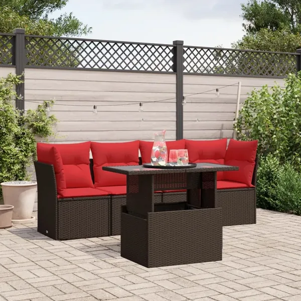 Ensemble de canapé de jardin 5 pcs avec coussins marron résine tressée