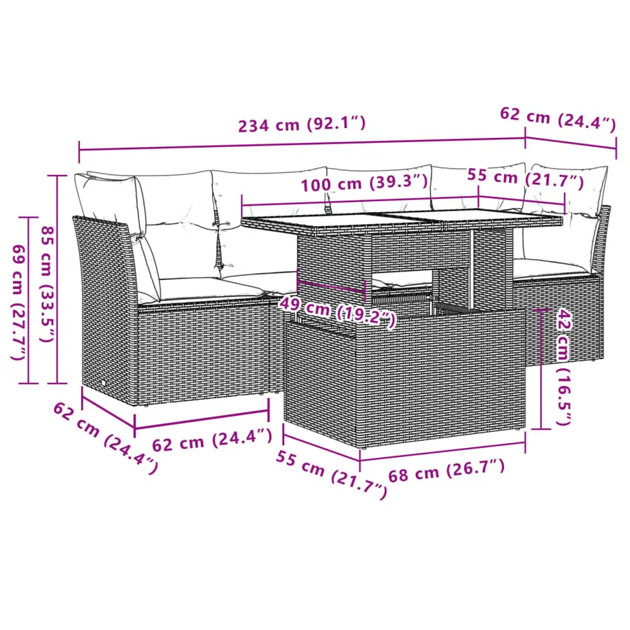 Ensemble de canapé de jardin 5 pcs avec coussins marron résine tressée - 9