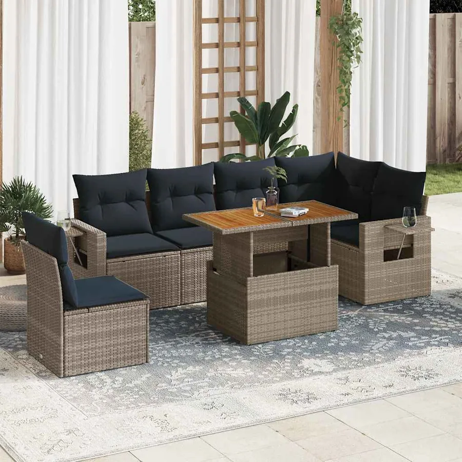 Salon de jardin avec coussins 7 pcs gris résine tressée