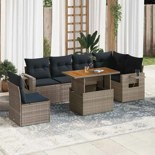 Salon de jardin avec coussins 7 pcs gris résine tressée