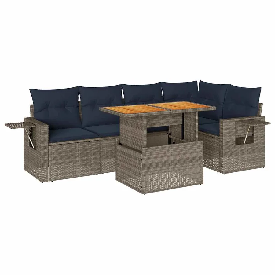 Salon de jardin 6 pcs avec coussins gris résine tressée - 2