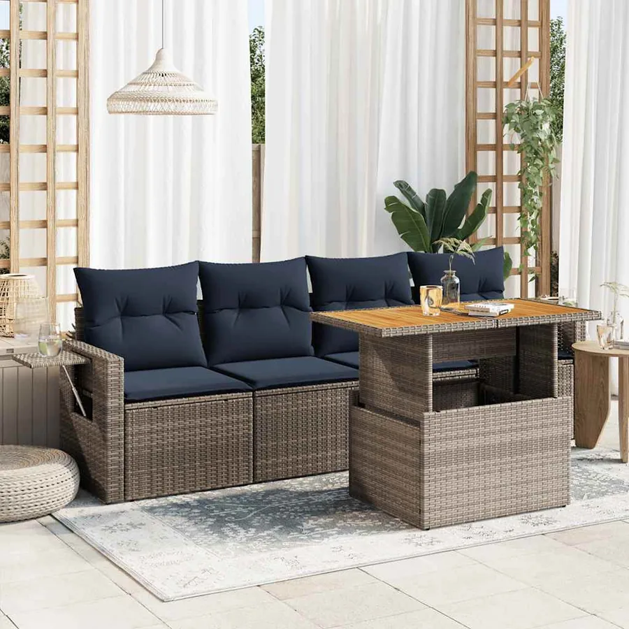 Salon de jardin 5 pcs avec coussins gris résine tressée